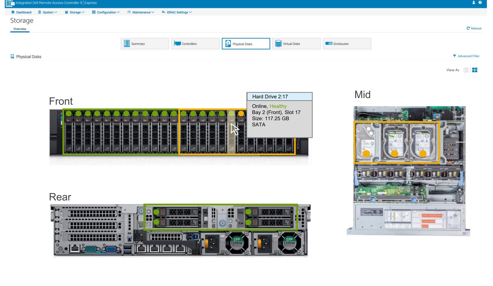 Device Imagery concept - iDRAC storage view with front, rear, and mid chassis SVG renderings and hover detail showing Hard Drive 2:17 status