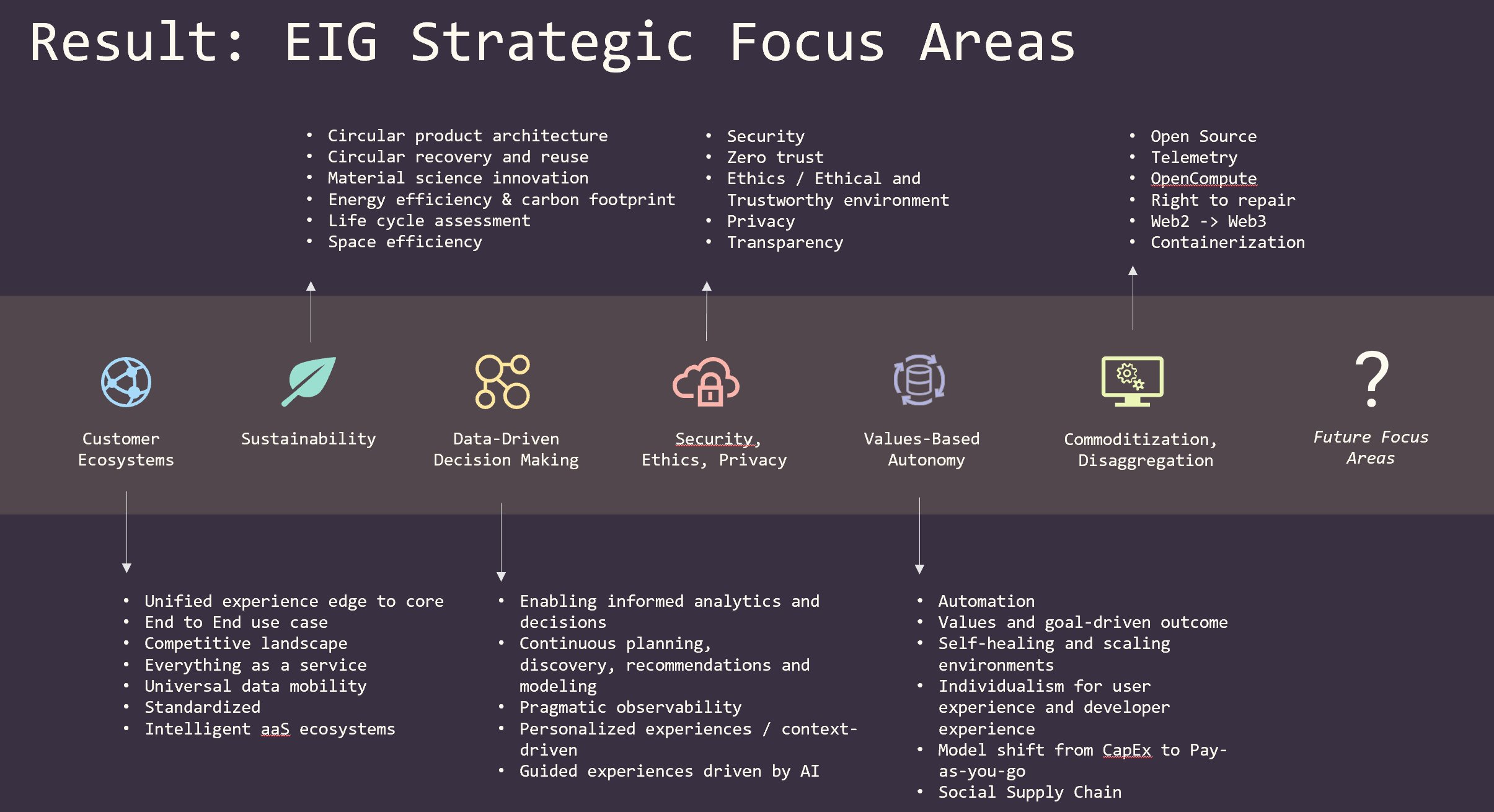 EIG Strategic Focus Areas slide showing six focus areas (Customer Ecosystems, Sustainability, Data-Driven Decision Making, Security/Ethics/Privacy, Values-Based Autonomy, Commoditization/Disaggregation) plus Future Focus Areas, each with specific building blocks listed