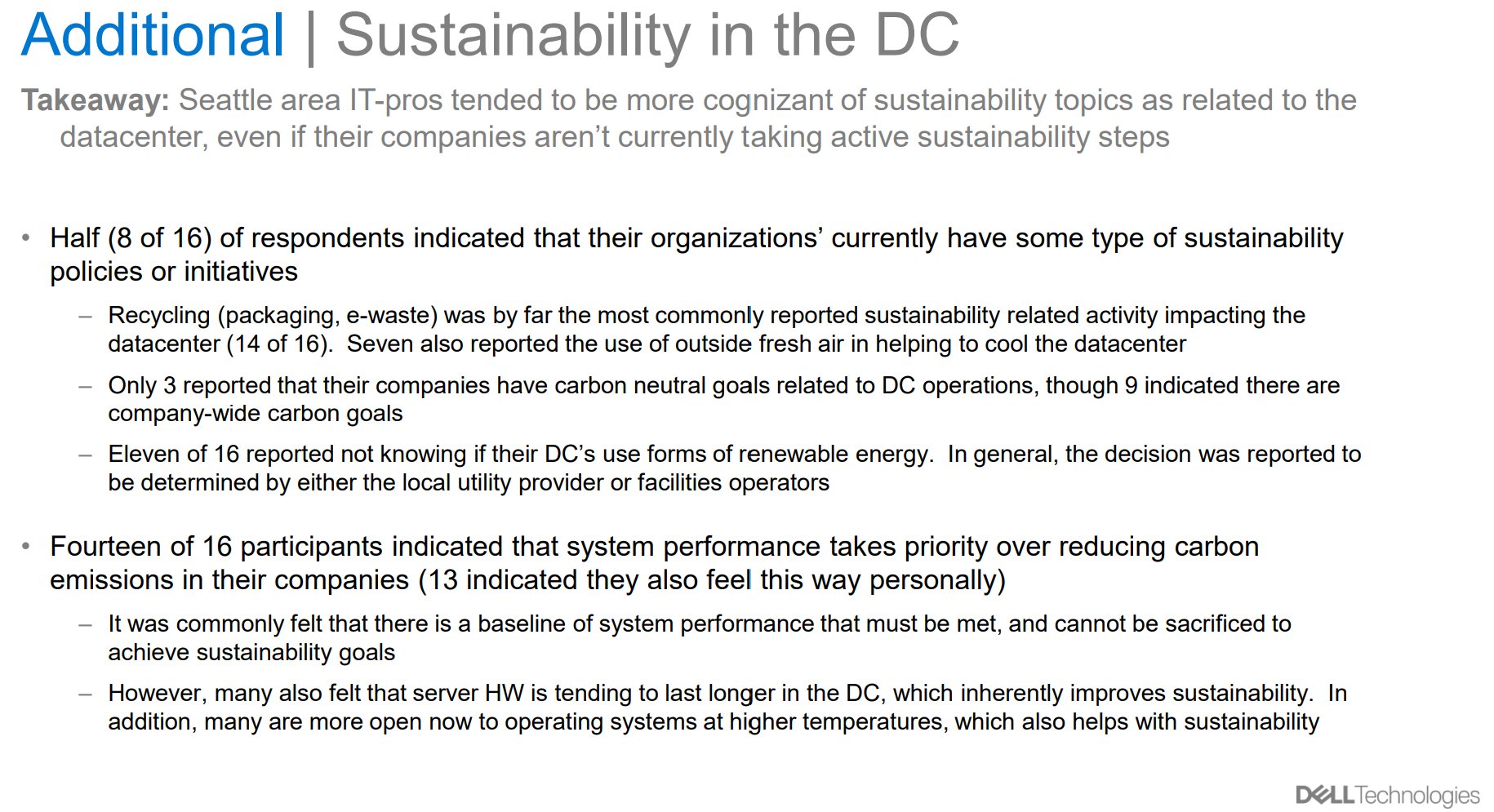 Sustainability in the datacenter findings page showing respondent counts and takeaways about DC sustainability practices