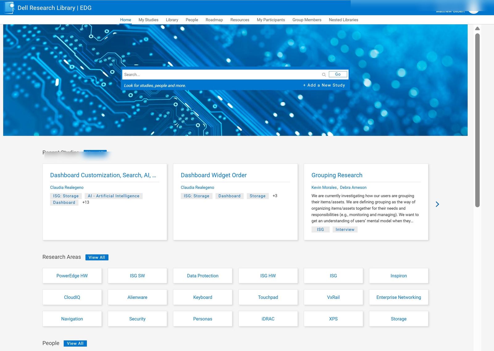 Shipped product home dashboard view with search, recent studies, and taxonomy