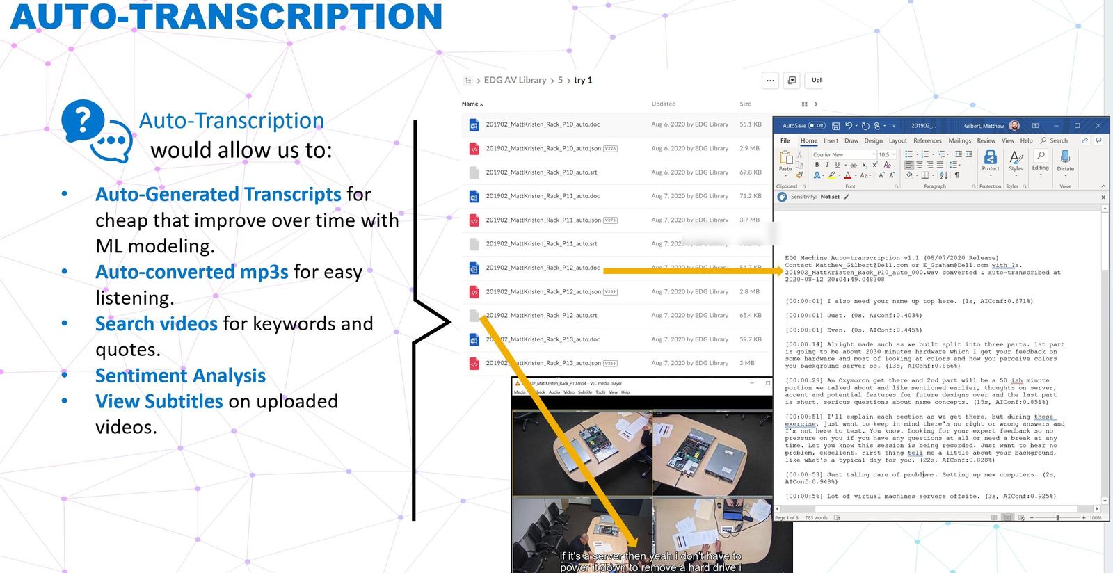 Auto-transcription feature pitch deck showing machine-generated transcripts