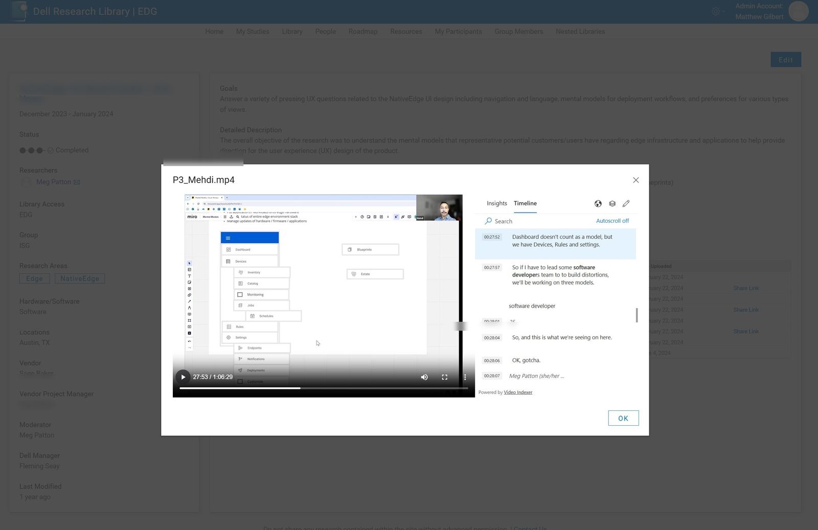 Shipped auto-transcription UI with searchable timeline and video