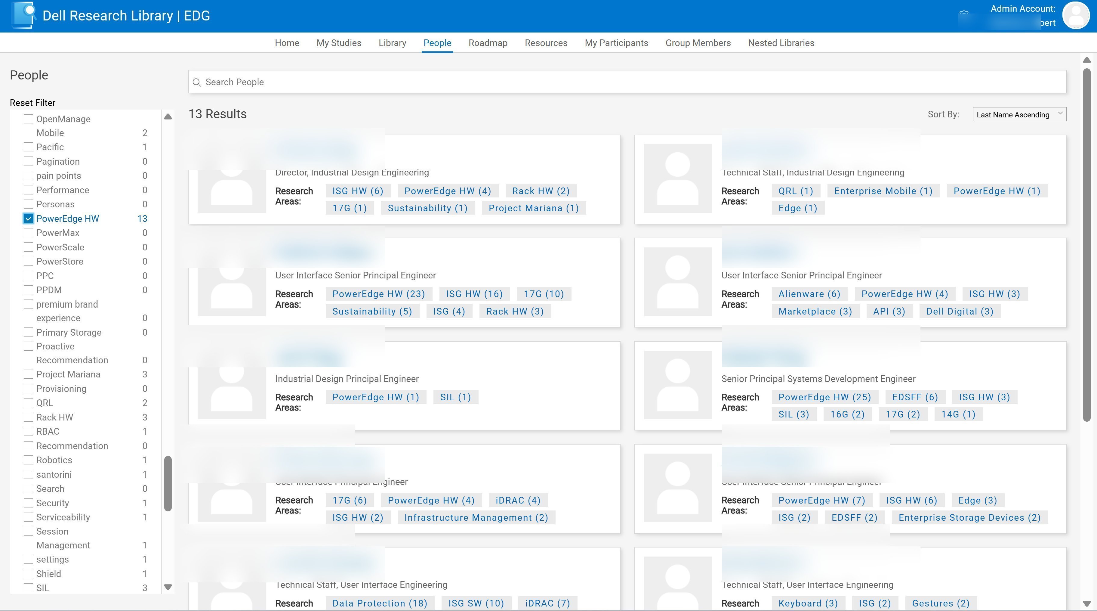 People search page filtered by PowerEdge HW research area, showing 13 results with researcher cards displaying titles, research areas, and study counts. Names blurred.